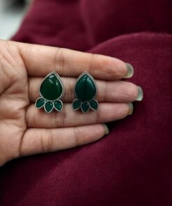 Alternative view of Ethnic Silver Plated Stud Earrings | Monalisa Stone Unique Design Oxidized Jewelry