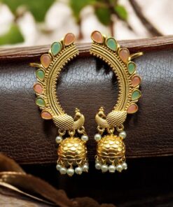 Alternative view of Traditional Gold Plated Beautiful Peacock Jhumki Earcuff | Stone & Pearl Detailing Ethnic Jewelry