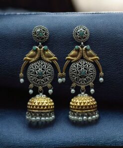 Alternative view of Traditional Two-Tone Parrot Earrings | Unique Dangler Jhumka Style with Stone & Pearl Detailing