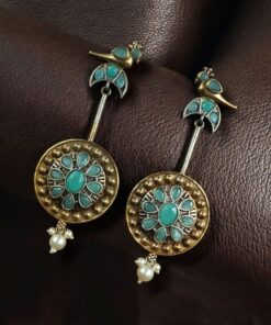Alternative view of Traditional Bird Design Dangler Earrings | Two-Tone Beautiful Jewelry with Pearl & Stone Work