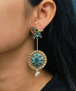 Traditional Bird Design Dangler Earrings | Two-Tone Beautiful Jewelry with Pearl & Stone Work
