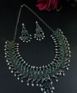 Alternative view of Unique Leaf Design Necklace Set ? Silver Plated with Stone & Pearl Work for Festive Wear