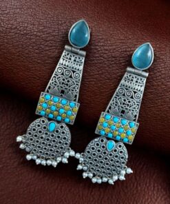 Alternative view of Handcrafted Oxidized Long Earrings | Stone & Pearl Work Unique Design Jewelry For Girls