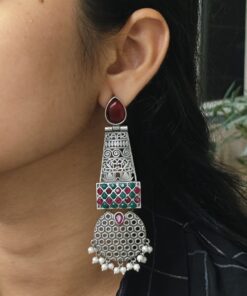 Handcrafted Oxidized Long Earrings | Stone & Pearl Work Unique Design Jewelry For Girls
