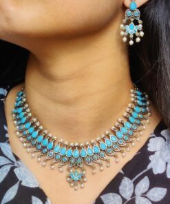 Unique Leaf Design Necklace Set ? Silver Plated with Stone & Pearl Work for Festive Wear