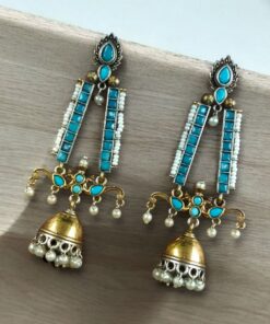 Alternative view of Traditional Long Two-Tone Jhumki Earrings | Pearl & Stone Work Dangler Amazing Jewelry for Women