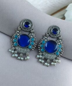 Alternative view of Beautiful Floral Art Earrings | Traditional Oxidized Silver Plated Pearl Work & Monalisa Stone Jewelry