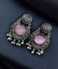 Beautiful Floral Art Earrings | Traditional Oxidized Silver Plated Pearl Work & Monalisa Stone Jewelry