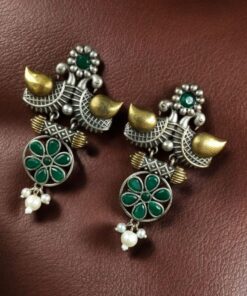 Alternative view of Traditional Two-Tone Bird Earrings | Lightweight Dangler with Pearl & Stone Work Unique Jewelry for Girls