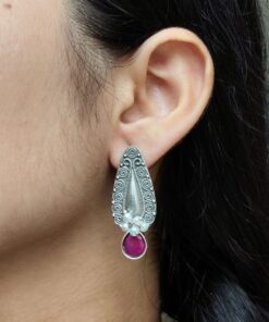 Alternative view of Traditional Oxidized Stud Earrings | Silver Plated Best Floral Art with Stone & Pearl Work