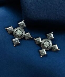 Alternative view of Unique Boho Inspired Earrings | Silver Plated Pearl Work Ethnic Jewelry for Women