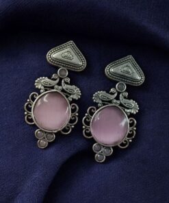 Alternative view of Unique Peacock Stud Earrings | Silver Replica Monalisa Stone Oxidized Jewelry