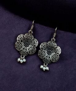 Alternative view of Lightweight German Silver Flower Earrings | Pearl Hook Ethnic Amazing Jewelry