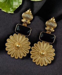 Alternative view of Gold Plated Flower Dangler Earrings | Long Monalisa Stone Vintage Look Best Jewelry