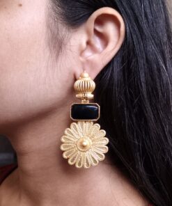 Gold Plated Flower Dangler Earrings | Long Monalisa Stone Vintage Look Best Jewelry