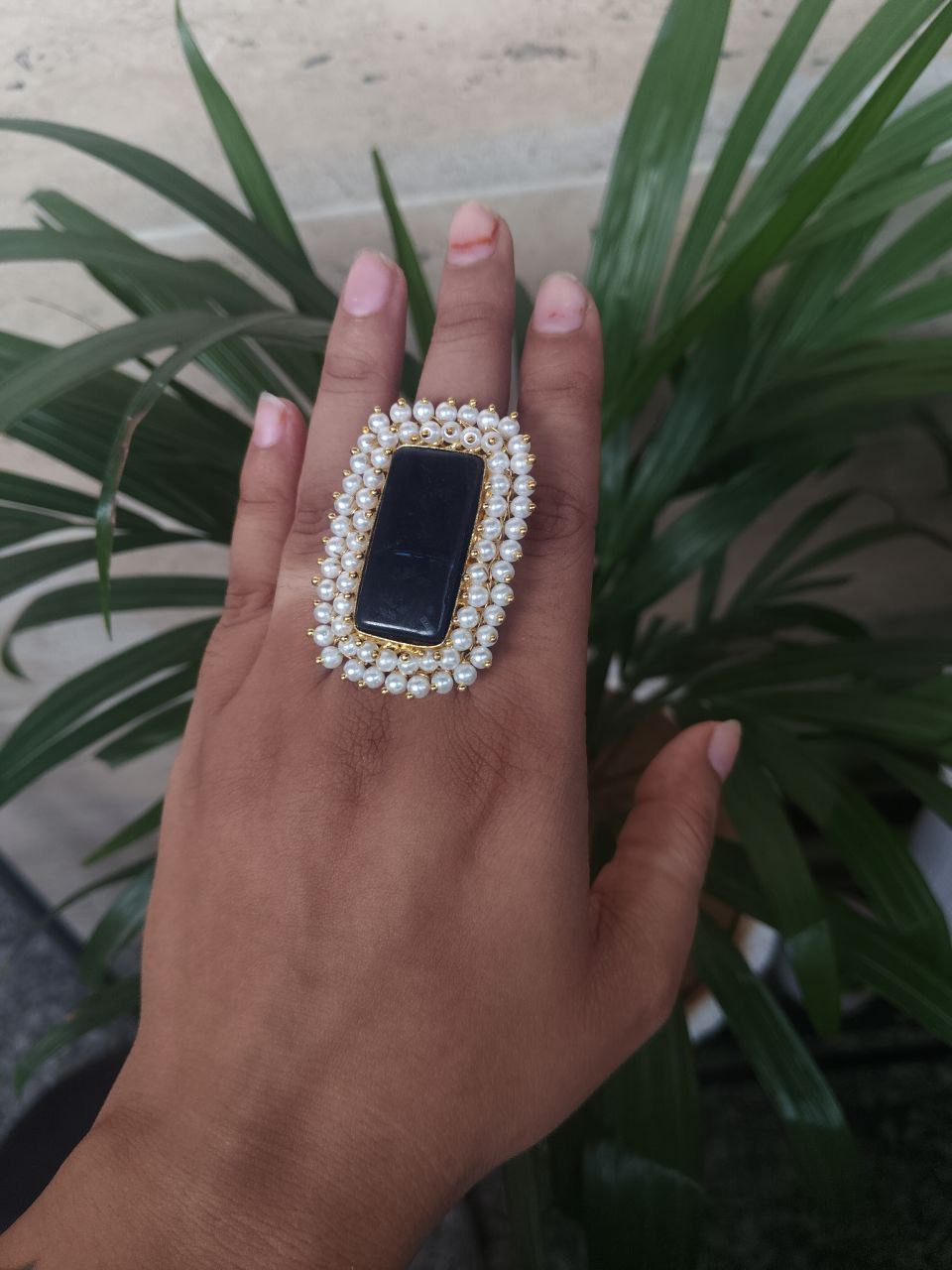 Gold Plated Adjustable Ring | Monalisa Stone & Pearl Work Party Wear Best Jewelry - Image 5