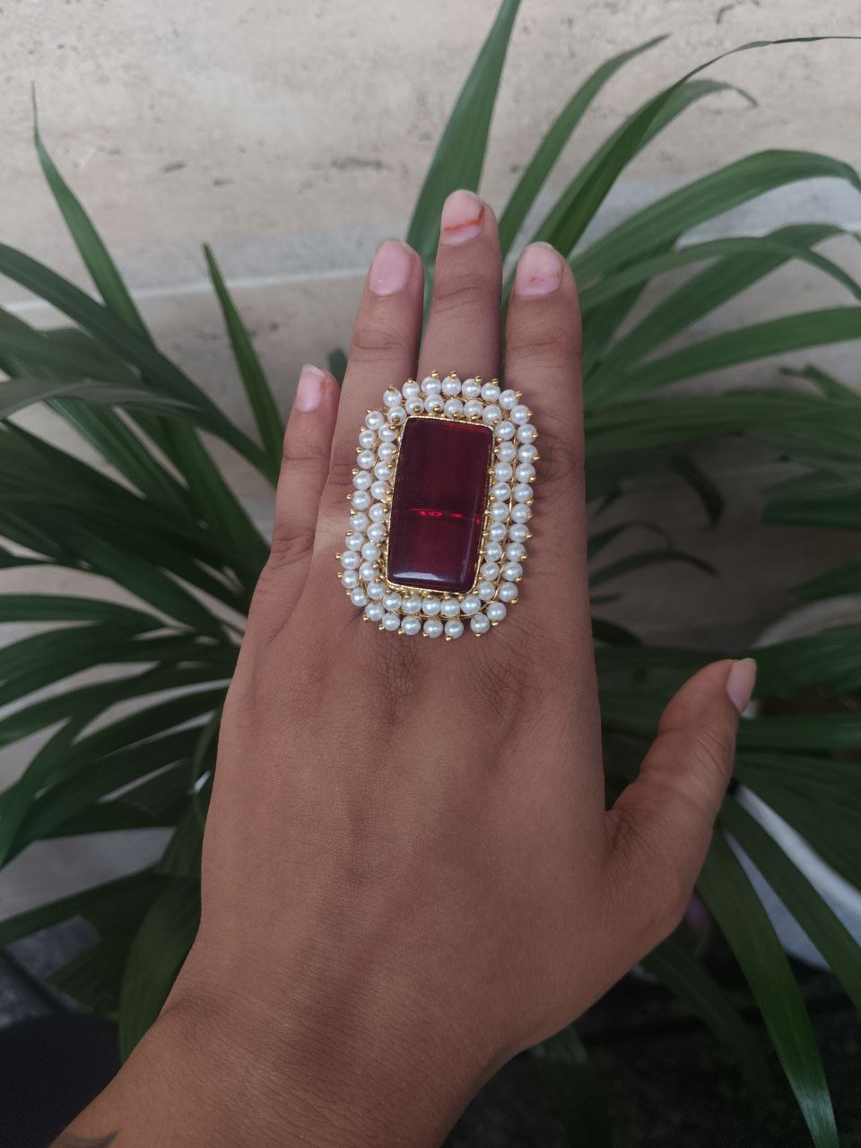 Gold Plated Adjustable Ring | Monalisa Stone & Pearl Work Party Wear Best Jewelry - Image 3