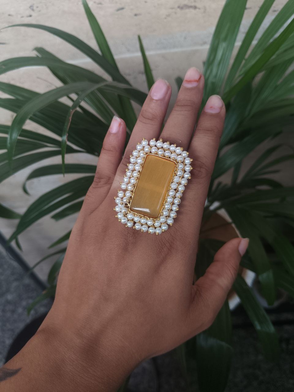 Gold Plated Adjustable Ring | Monalisa Stone & Pearl Work Party Wear Best Jewelry - Image 6