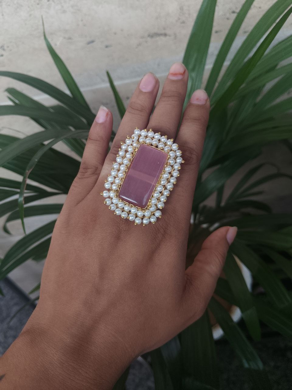 Gold Plated Adjustable Ring | Monalisa Stone & Pearl Work Party Wear Best Jewelry