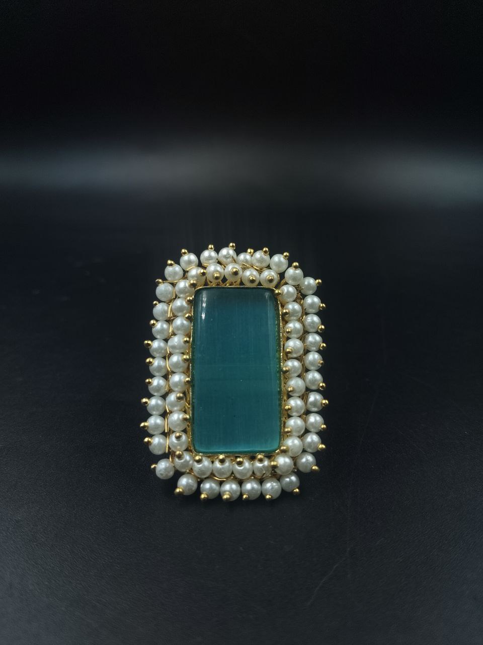 Gold Plated Adjustable Ring | Monalisa Stone & Pearl Work Party Wear Best Jewelry - Image 2