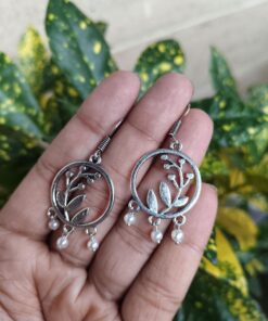 Alternative view of Oxidized Leaf & Circle Hook Earrings | German Silver Daily Wear Unique Jewelry