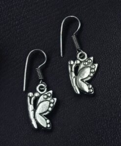 Alternative view of Unique German Silver Butterfly Dangler Earrings | Oxidized Hook Vintage Jewelry
