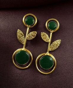 Alternative view of Gold Plated Western Look Earrings | Unique & Ethnic Floral Art with Monalisa Stone Leaf Design