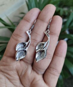 Alternative view of Stylish German Silver Unique Leaf Earrings | Oxidized Hook Dangler Jewelry for Women