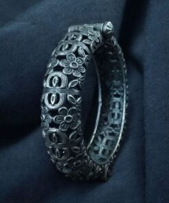 Alternative view of Beautiful Ethnic Flower Kada | Silver Replica Oxidized Openable Bangles for Women