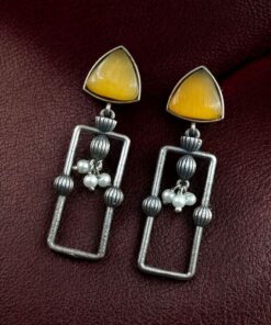 Alternative view of Statement Geometric Dangler Earrings with Pearl Work | Antique Silver Finish Oxidized Unique Jewelry