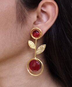 Gold Plated Western Look Earrings | Unique & Ethnic Floral Art with Monalisa Stone Leaf Design