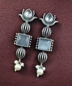 Alternative view of Antique Silver Look Lotus Earrings | Ethnic Stud Stone & Pearl Detailing Perfect Gift For Her
