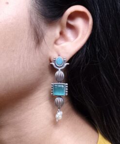 Antique Silver Look Lotus Earrings | Ethnic Stud Stone & Pearl Detailing Perfect Gift For Her