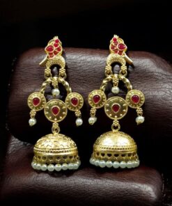 Alternative view of Unique Gold Plated Bird Dangler Earrings | Ethnic Stone & Pearl Work Beautiful Jewelry For Girls