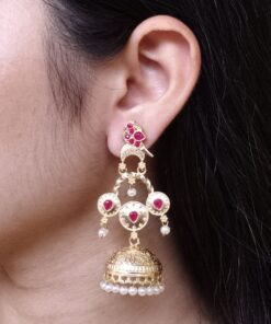 Unique Gold Plated Bird Dangler Earrings | Ethnic Stone & Pearl Work Beautiful Jewelry For Girls