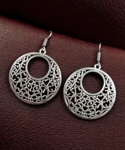 Alternative view of German Silver Floral Art Circle Dangler Earrings | Ethnic Hook Style Unique Jewelry For Girls
