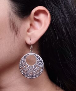 German Silver Floral Art Circle Dangler Earrings | Ethnic Hook Style Unique Jewelry For Girls