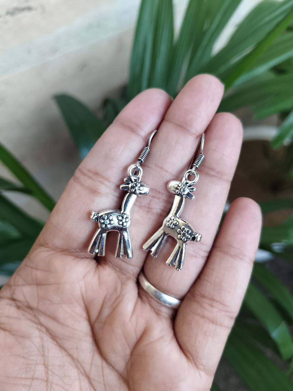 Oxidized Giraffe Design Earrings | German Silver Animal Style Dangler Special Jewelry for Girls - Image 3