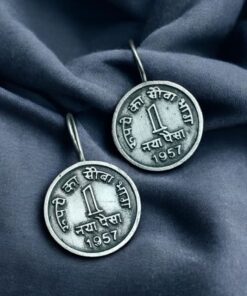 Alternative view of Oxidized 1 Paisa Coin Earrings | Traditional Silver Replica Hook Unique Jewelry for Women