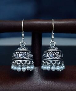 Alternative view of Traditional Pearl Work Heart Design Jhumki Earrings | Oxidized German Silver Perfect Jewelry For Girls