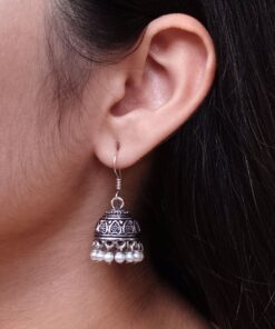 Traditional Pearl Work Heart Design Jhumki Earrings | Oxidized German Silver Perfect Jewelry For Girls