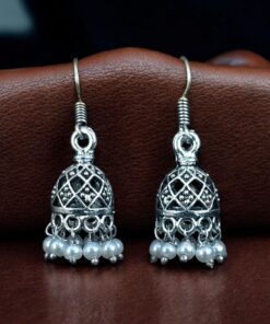 Alternative view of Unique Design Jhumki Earrings | Oxidized German Silver with Elegant Pearl Work Jewelry