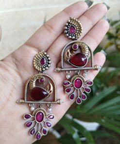 Alternative view of Traditional Ethnic Two-Tone Earrings | Pearl & Stone Antique Peacock Inspired Amazing Jewelry