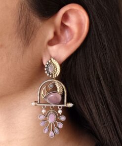 Traditional Ethnic Two-Tone Earrings | Pearl & Stone Antique Peacock Inspired Amazing Jewelry