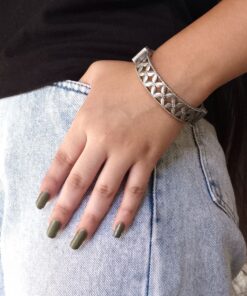 Alternative view of Traditional Silver Kada | Oxidised Flower Design Bangles | Free Size Bracelet