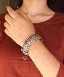 Oxidized Floral Art Bangles | Free Size Silver Replica Best Kada for Ethnic Look