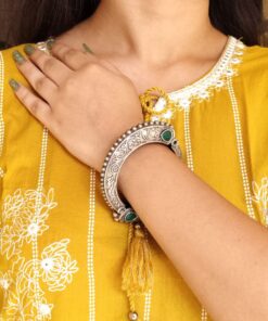 Traditional Floral Art Stone Oxidized Bangle | Silver Replica Openable Kada Ethnic Best Jewelry