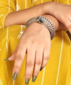 Alternative view of Traditional Floral Art Stone Oxidized Bangle | Silver Replica Openable Kada Ethnic Best Jewelry