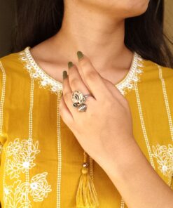 Adjustable Silver Plated Lotus Ring | Stone Ethnic Unique Jewelry for Women