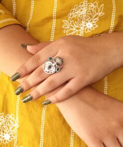 Alternative view of Adjustable Silver Plated Lotus Ring | Stone Ethnic Unique Jewelry for Women